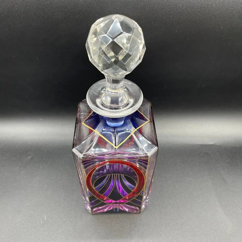 Vintage Pink & Purple Stained Glass Style Decanter - Breast Cancer Ribbon Motif
